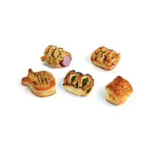 Mini mix bankietowy wytrawny (21-27g, +/- 225szt. kiełbaska, carbonara, łosoś, szpinak z serkiem, cztery sery)